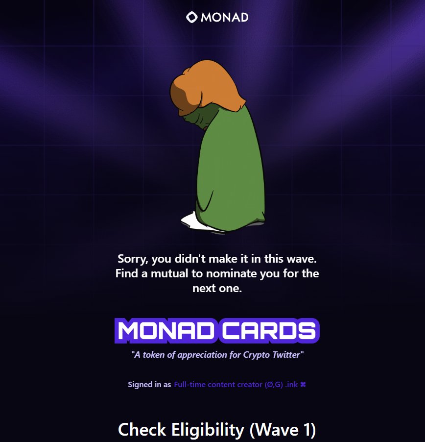 Monad Cards: a gift of gratitude for the Crypto Twitter community

✅ 5,000 X accounts are eligible to receive
✅ Each person can nominate 3 friends.
✅ There will be a total of 10,000 valid nominations

➡️ Check at: cards.monad.xyz

**Nominate me

**10k fcfs invitations