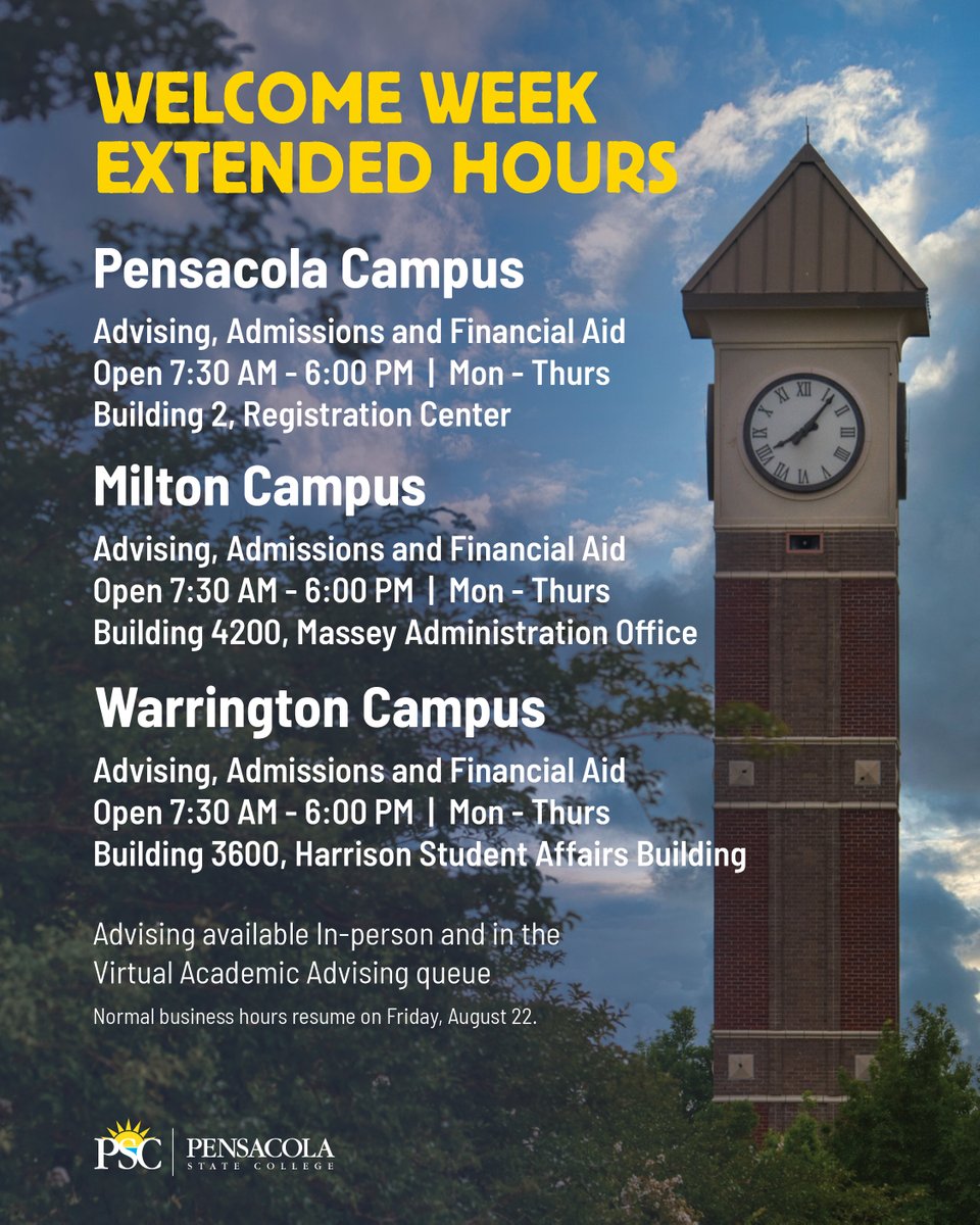 PensacolaState's tweet image. We’ve got extended hours this week to help you get ready for the semester!

*View the flyer for more details.

#PSCFall2025 #ExtendedHours #GoHereGetThere #PensacolaStateCollege