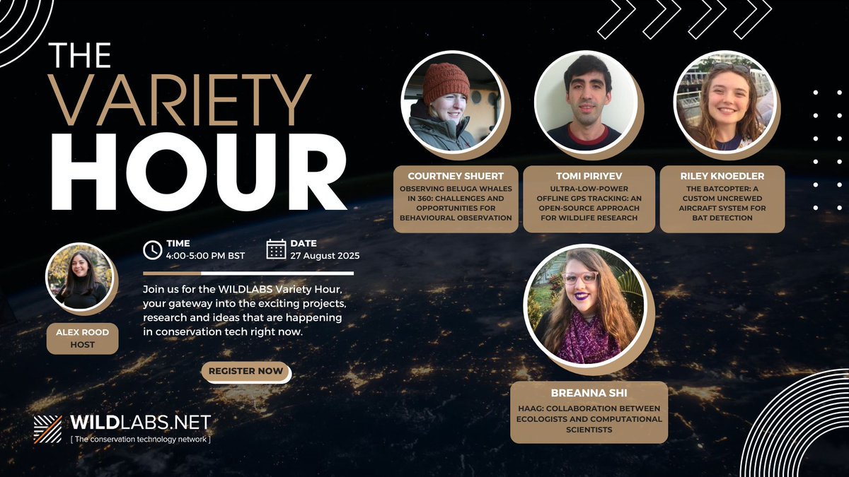 Join us on August 27 at 4pm BST / 11am EDT for Variety Hour!    

Hear about 360-degree cameras for beluga whales, offline GPS trackers, custom drones for bat monitoring, and virtual laboratories.

Register here: wildlabs.net/event/variety-…