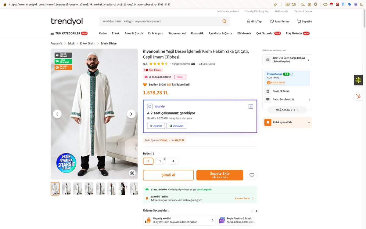 Workly | Alacaginiz urun icin kac saat calismaniz gerektigini gosteren Chrome uzantisi. 

Su an icin sadece Trendyol'da verimli calisiyor. Eger talep gelirse diger pazaryerlerine ve e-ticaret sirketlerine de expand etmenin yolunu bulurum. 

Aylik maasinizi toplamda kac saat