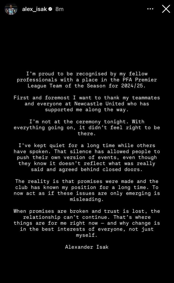 Strong words from #Isak tonight as he finally breaks cover…

“When promises are broken and trust is lost, the relationship can’t continue.”

“Change is in the best interests of everyone, not just myself.”

This feels like the final roll of the dice from Isak. Over to you #NUFC
