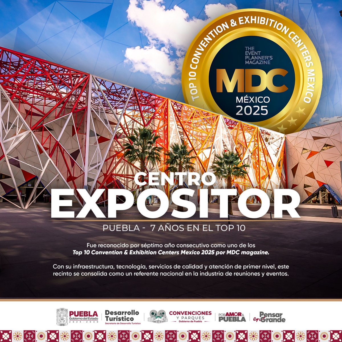 Centro Expositor Puebla (@cexpositorpue) on Twitter photo 🏆El Centro Expositor fue reconocido por 7° año consecutivo en el Top 10 Convention & Exhibition Centers Mexico 2025 por MDC Magazine.
La directora Michelle Talavera agradece el apoyo del <a href="/Gob_Puebla/">Gobierno de Puebla</a> y del gobernador <a href="/armentapuebla_/">Alejandro Armenta</a>, trabajando siempre por y para los poblanos.🇲🇽 🏆El Centro Expositor fue reconocido por 7° año consecutivo en el Top 10 Convention & Exhibition Centers Mexico 2025 por MDC Magazine.
La directora Michelle Talavera agradece el apoyo del <a href="/Gob_Puebla/">Gobierno de Puebla</a> y del gobernador <a href="/armentapuebla_/">Alejandro Armenta</a>, trabajando siempre por y para los poblanos.🇲🇽