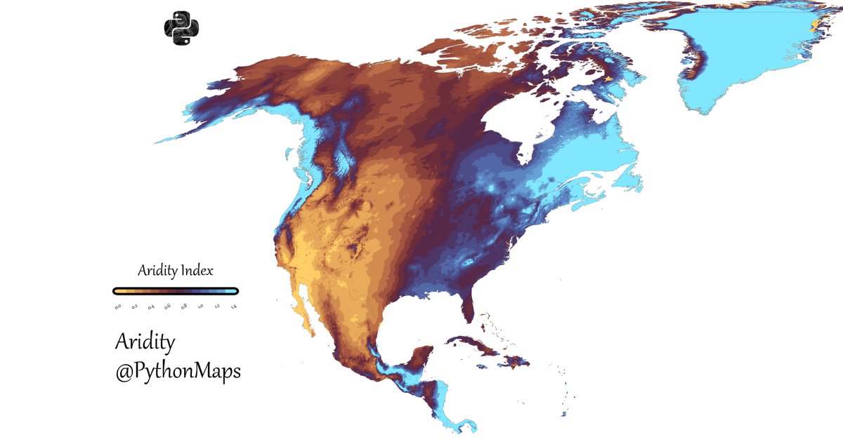 PythonMaps's tweet photo. Aridity of North America. Aridity is usually expressed as a generalized function of precipitation, temperature and
reference evapo-transpiration. Higher values represent more humid conditions and lower values
represent higher aridity. https://t.co/p2bIjgyDpu