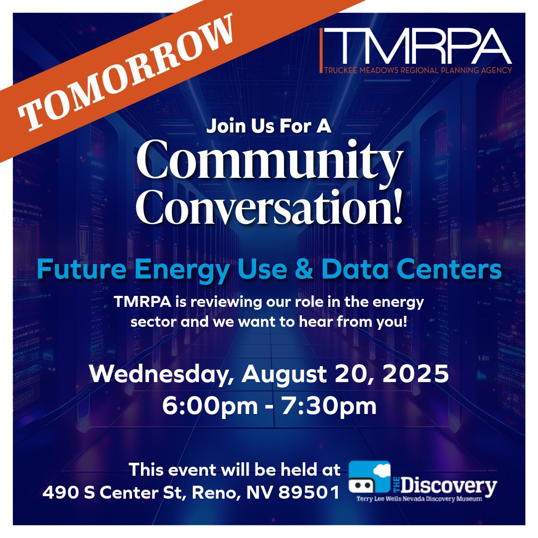 🎉Join us TOMORROW🎉 for a Community Conversation on energy-related projects and our recent research on high-demand energy users, such as data centers.

We’ll be joined by <a href="/NVEnergy/">NV Energy</a>, <a href="/TMWA/">TMWA</a>, and the <a href="/DiversifyNevada/">Nevada GOED</a> 

✨ Your input is important, come be part of the discussion!