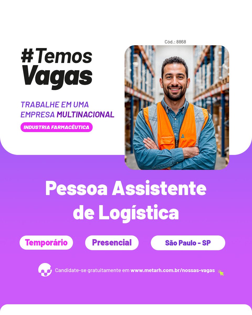 ametarh's tweet image. Oportunidade em São Paulo – SP! 📣

Já pensou em fazer parte de uma multinacional do setor farmacêutico? Estamos em busca de uma Pessoa #Assistente de #Logística para uma vaga temporária em modelo presencial.

Saiba mais em: x.gd/911kY