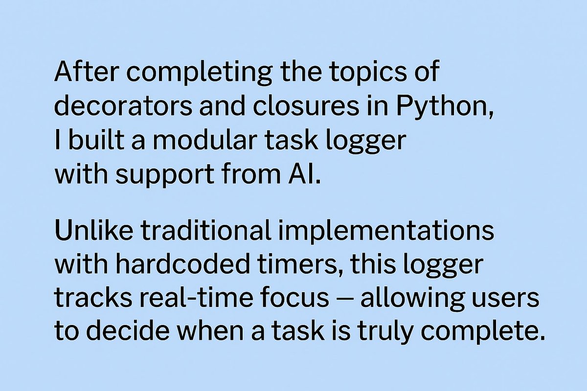 dev1Aashish's tweet image. Day 11: What if your code could track time like a journal entry — and log it with purpose?   
#BeginnerFriendly #PublicLearning #CodingJourney #AIandDataScience #ConsistencyWins #PythonProjects #ModularDesign #ClosuresInPython #DecoratorsExplained #BuildInPublic #DevDiaries