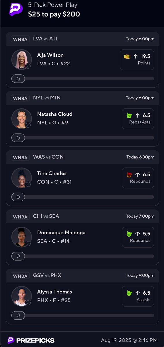GhostFoos's tweet photo. I went with a 5 piece. Lets cash out 🫡🫡😎
$25 to $200 #PrizePicks
#PrizepicksWNBA 

Link to tail - https://t.co/mJWgDffltv https://t.co/v1sK0D1scl
