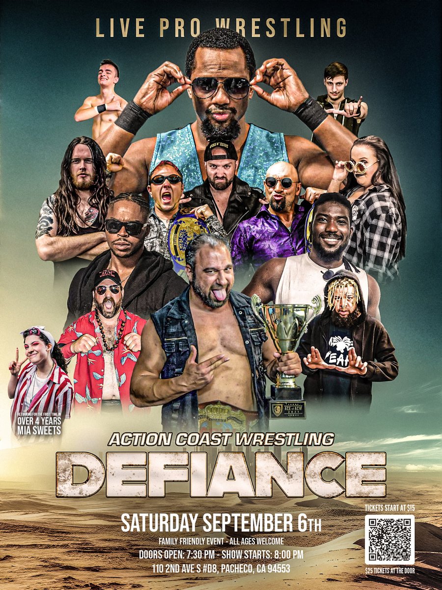 Action Coast Wrestling (@acwlive) on Twitter photo eventbrite.com/.../acw-defian…...
<a href="/ACWLive/">Action Coast Wrestling</a> DEFIANCE
9/6
EVENT ENTRY 730 PM-SHOW BEGINS 8 PM
110 2nd AVE S #D8 PACHECO CA 94553
MIKE RAYNE (C) V D-DRE FRESH
DIESEL POWER V HITMAN WAYNE
OC HAYES V MOE DASE
NICK NIGHTRAIN V ANDREW CASS
NICOLE AMITY V MIA SWEETS
MATTHEW MORRISSEY V JT HAWK eventbrite.com/.../acw-defian…...
<a href="/ACWLive/">Action Coast Wrestling</a> DEFIANCE
9/6
EVENT ENTRY 730 PM-SHOW BEGINS 8 PM
110 2nd AVE S #D8 PACHECO CA 94553
MIKE RAYNE (C) V D-DRE FRESH
DIESEL POWER V HITMAN WAYNE
OC HAYES V MOE DASE
NICK NIGHTRAIN V ANDREW CASS
NICOLE AMITY V MIA SWEETS
MATTHEW MORRISSEY V JT HAWK