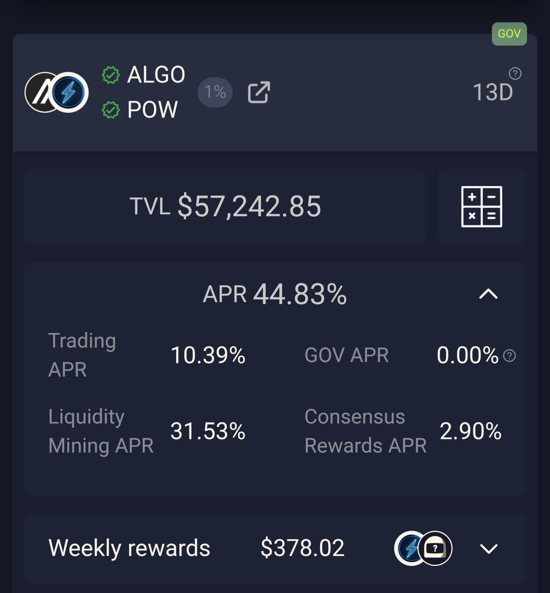 mochanerd's tweet photo. $ALGO- $POW and
$USDC- $POW farms are still printing! Double-digit trading APRs even without liquidity rewards on both pools!
Also imo, not a bad spot to
load up on $POW โก for
@pact_fi #Governance! ๐ณ๏ธ
Chart from @vestigefi
#PactFi #Dex #DeFi
#Algorand $ALGO https://t.co/RUEFlWNPyV