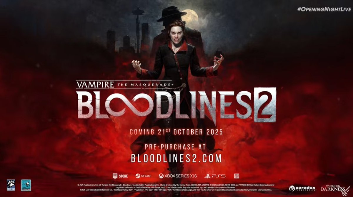 🚨 JUST ANNOUNCED AT GAMESCOM
 Vampire: The Masquerade – Bloodlines 2 launches October 21, 2025! 🩸
Step into Seattle’s dark underworld and embrace the night.
#Bloodlines2 #VampireTheMasquerade #WorldOfDarkness #gamescom2025 #ONL
👉 Which clan are you pledging your loyalty to?
