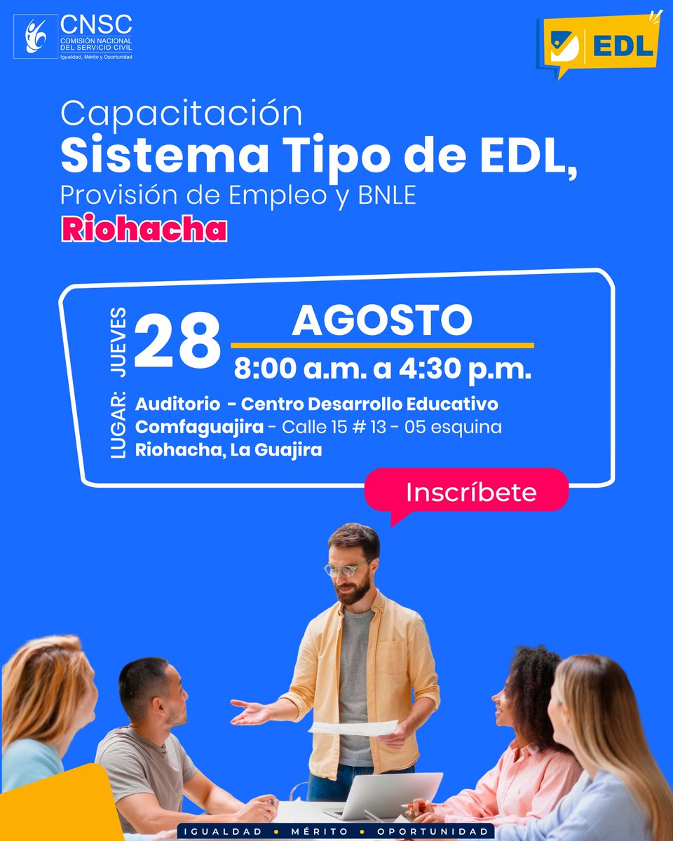 La <a href="/CNSCColombia/">Comisión Nacional del Servicio Civil</a> adelantará una jornada de capacitación en #Riohacha, cuya temática será la evaluación del desempeño laboral de los servidores públicos de carrera administrativa y en período de prueba.
👉🏽Inscríbete: gestion.cnsc.gov.co/encuestas/inde…