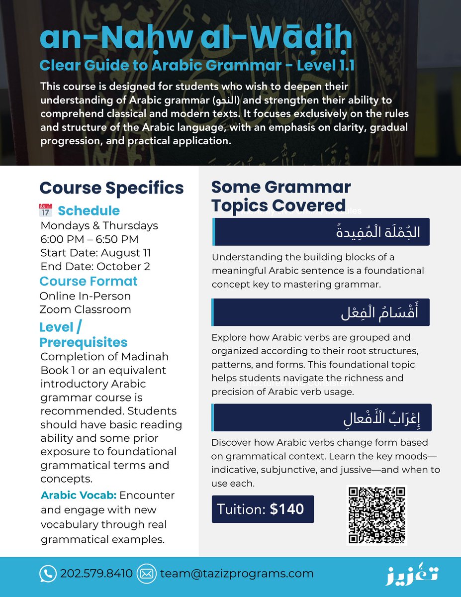 TazizPrograms's tweet image. 🌟 Arabic Learning Opportunities - September, InshaAllah! 🌟

1️⃣ Arabic Made Simple – Madinah Curriculum forms.gle/87bxoP4VdSedpc…
2️⃣ Arabic Verb Series – Verb-focused forms.gle/86LnM3snDX28yu…
3️⃣ An-Nahw Al-Wadih – Grammar made clear forms.gle/QmapqkGkLUB2mY…