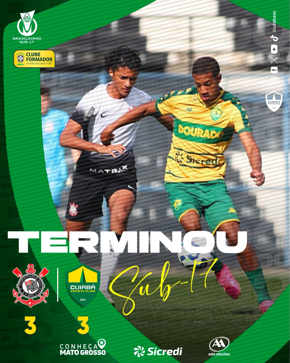 Tudo igual! Cuiabá empata com o Corinthians pelo Brasileiro Sub-17 e chega aos 12 pontos. Dourado volta a jogar na quarta que vem contra o Red Bull Bragantino, no CT Manoel Dresch.

COR 3-3 CUI

#OrgulhodeMatoGrosso #CuiaBase