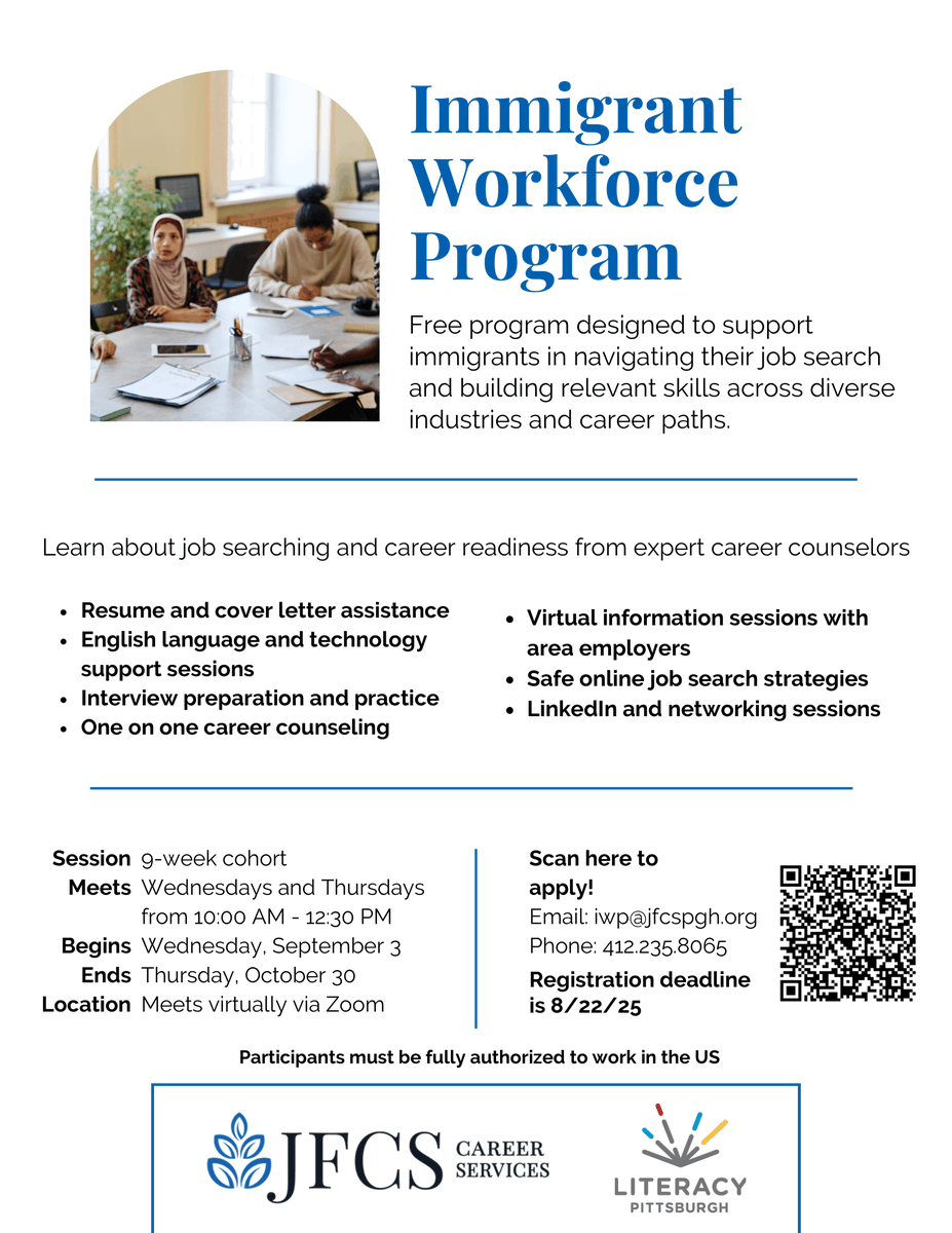 Rep. Arvind Venkat, MD (@repvenkat) on Twitter photo JFCS Career Services is offering the Immigrant Workforce Program, a 9-week program focused on job readiness and career development for immigrants. This Friday is the last day to register, and you can apply by calling 412-235-8065 or sending an email to iwp@jfcspgh.org JFCS Career Services is offering the Immigrant Workforce Program, a 9-week program focused on job readiness and career development for immigrants. This Friday is the last day to register, and you can apply by calling 412-235-8065 or sending an email to iwp@jfcspgh.org