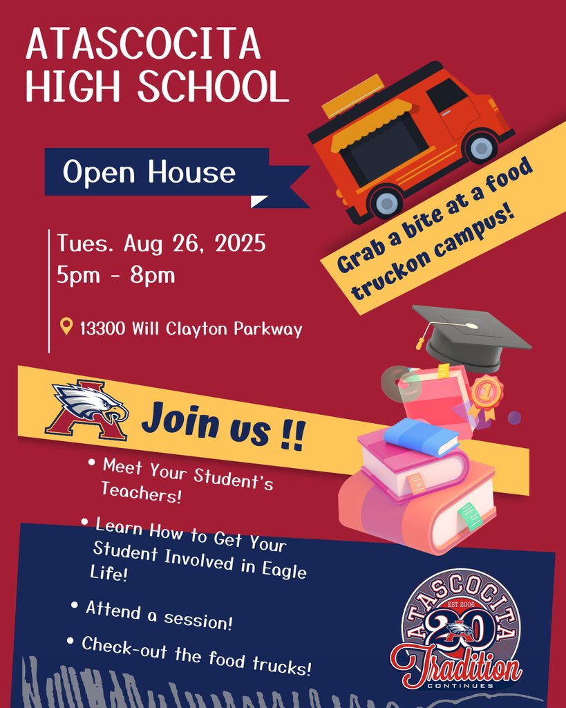 HumbleISD_AHS's tweet photo. Open House is on Tuesday, Aug. 26, from 5 - 8 pm. Food trucks will be located at the front of the school, so come hungry! https://t.co/UYWLd7GHOC