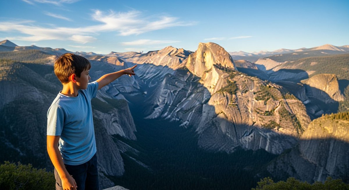 A child points towards a vast mountainous landscape at sunset, showcasing dramatic rock formations and a deep valley below.
#ChildhoodWonder #MountainViews #SunsetMagic #NatureExploration #DramaticLandscapes