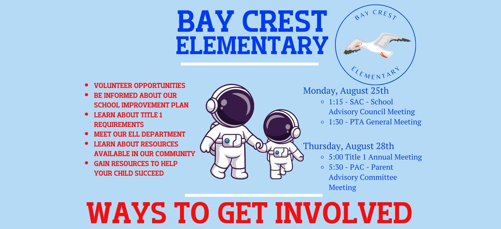 Ready to make this school year out of this world? Then join us next week to find way you can participate in our school community and be involved! #BestAtBayCrest