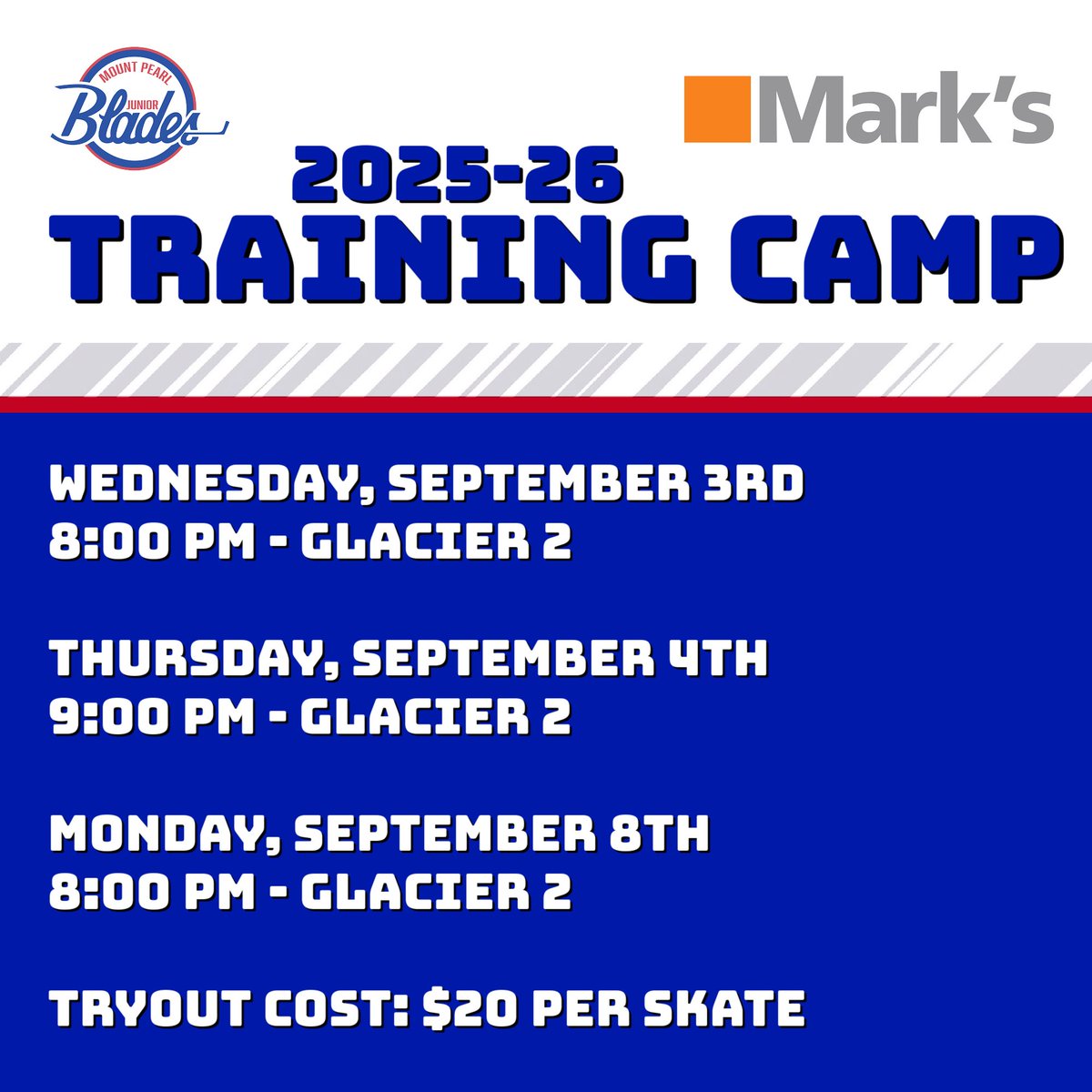 🚨 Mount Pearl Junior Blades Training Camp starts September 3rd!

You are eligible for training camp if you are:
• A graduating Mount Pearl Minor Hockey player
• A returning Mount Pearl Junior Blade
• Declaring for the September 2025 SJJHL draft

Cost is $20 per player/skate.