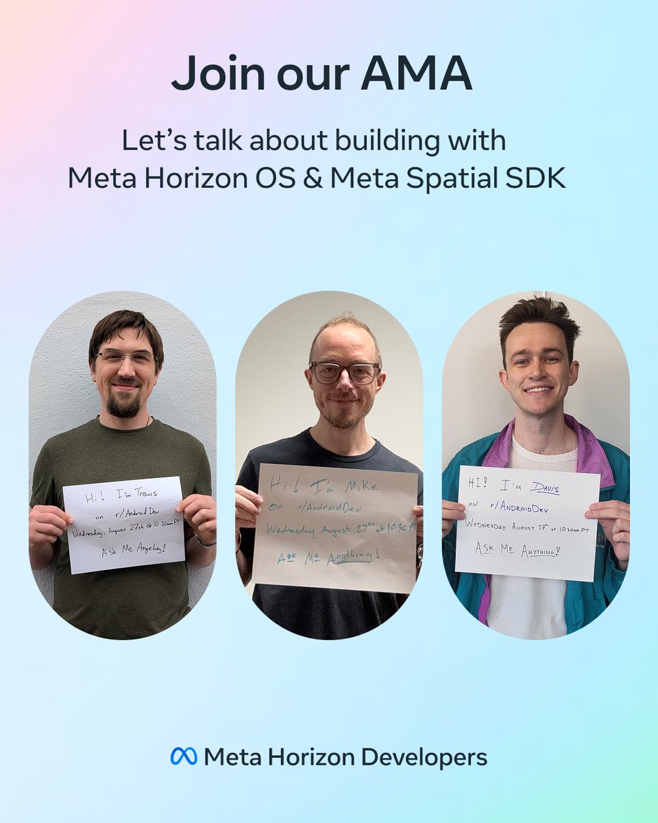 MetaforDevs's tweet image. Android developers! 📢🚨 Join us on r/androiddev for a Reddit AMA hosted by our product experts on Aug 27 at 10:30AM PT. ✨

Have questions about our tools, feedback on our resources, or want to learn about running Android apps on Meta Horizon OS and turning them into VR…