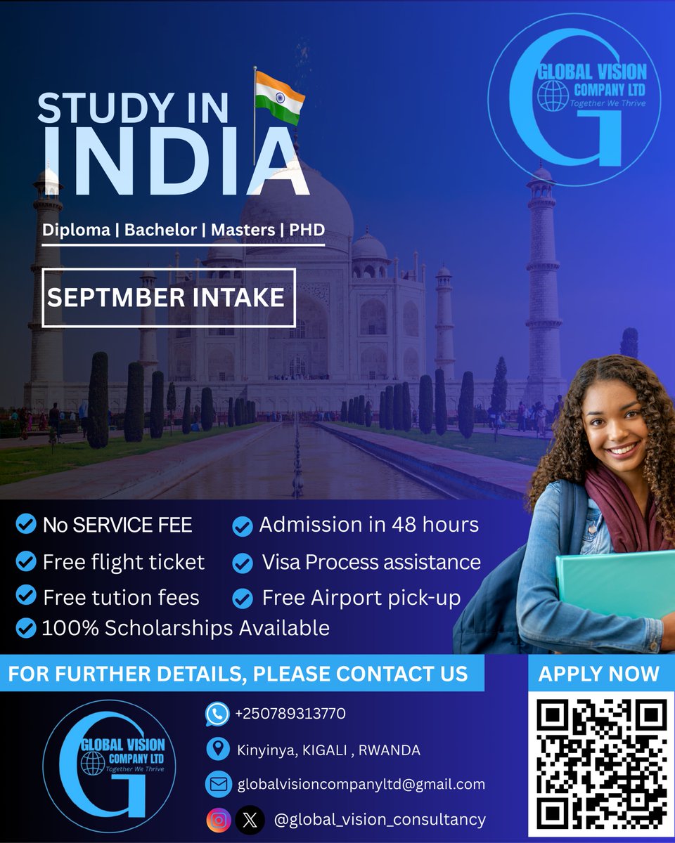 Kwiyandikisha byaratangiye – Kwiga mu Buhinde 🇮🇳 (SEPTEMBER INTAKE)!
Binyuze muri GLOBAL VISION CONSULTANCY nawe wakwiga mubuhinde.
APPLY:forms.gle/oSeAjwGrhHJLrm… 
Kora follow na retweet hatazagira ucikwa