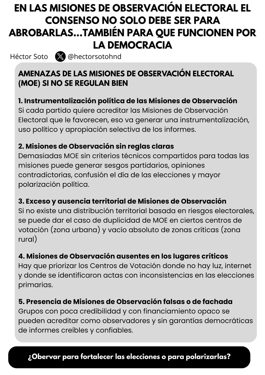 EN LAS MISIONES DE OBSERVACIÓN ELECTORAL EL CONSENSO NO SOLO DEBE SER PARA APROBARLAS...TAMBIÉN PARA QUE FUNCIONEN POR LA DEMOCRACIA

Riesgos de la MOE - Misiones de Observación Electoral si no se regulan bien

1. Instrumentalización política 

2. Observación electoral sin reglas