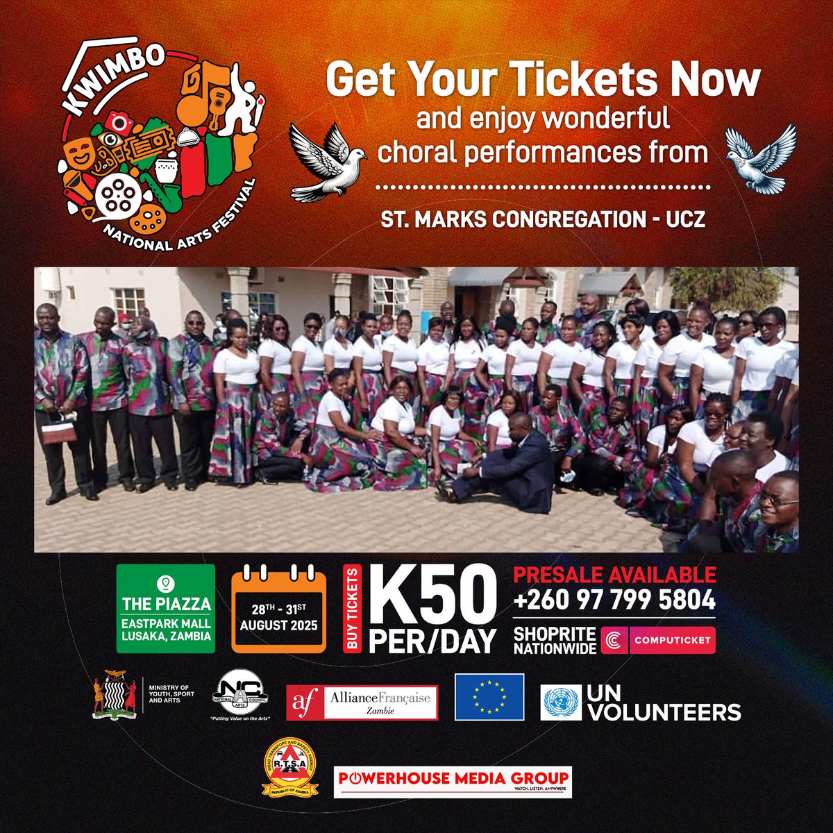 tiessoumapare's tweet photo. 9 DAYS TO GO! #KwimboNAF2025 adds beautiful Choral Performances! 🙏 Featuring St. Marks, St. Bartholomew, Revelation &amp; The Great Lusungu Choirs!
TICKET UPDATE: You can now buy your K50 tickets at any SHOPRITE nationwide! 
#ZambianGospel #Lusaka #Zambia #ArtsFestival https://t.co/99QJWcYtl0