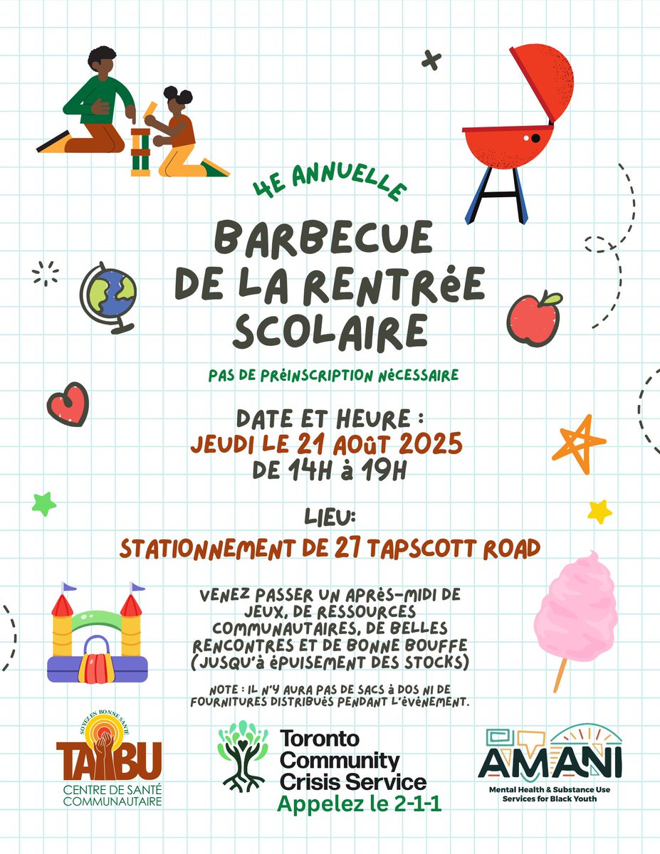 TAIBU_CHC's tweet photo. Scarborough, don’t miss out! 🎉 Let’s celebrate before school’s back:
🔥 BBQ fresh off the grill
🎈 Bouncy castles for the kids
🤝 Community resources
📅 Thurs, Aug 21 | 2–7 PM
📍 27 Tapscott Rd
✨ No registration needed, just pull up!
#ScarboroughEvents #Malvern #TCCS #TAIBU https://t.co/2RSUi9Ju0H