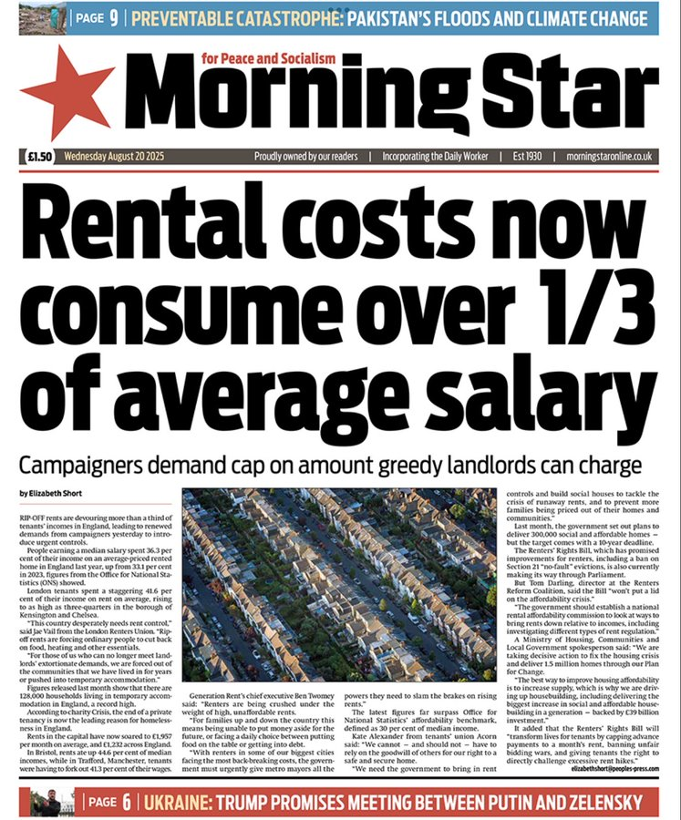 Morning Star: Rental costs now consume over 1/3 of average salary #TomorrowsPapersToday