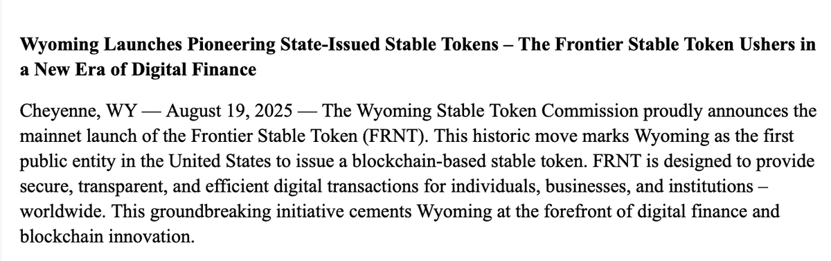 Mads Eberhardt (@madseberhardt) on Twitter photo For the first time ever, a U.S. state has issued a stablecoin.
Today, Wyoming announced that the Frontier Stable Token (FRNT) will launch on seven public blockchains. The stablecoin will be fully backed by U.S. dollars and short-duration treasuries, with 2% For the first time ever, a U.S. state has issued a stablecoin.
Today, Wyoming announced that the Frontier Stable Token (FRNT) will launch on seven public blockchains. The stablecoin will be fully backed by U.S. dollars and short-duration treasuries, with 2%