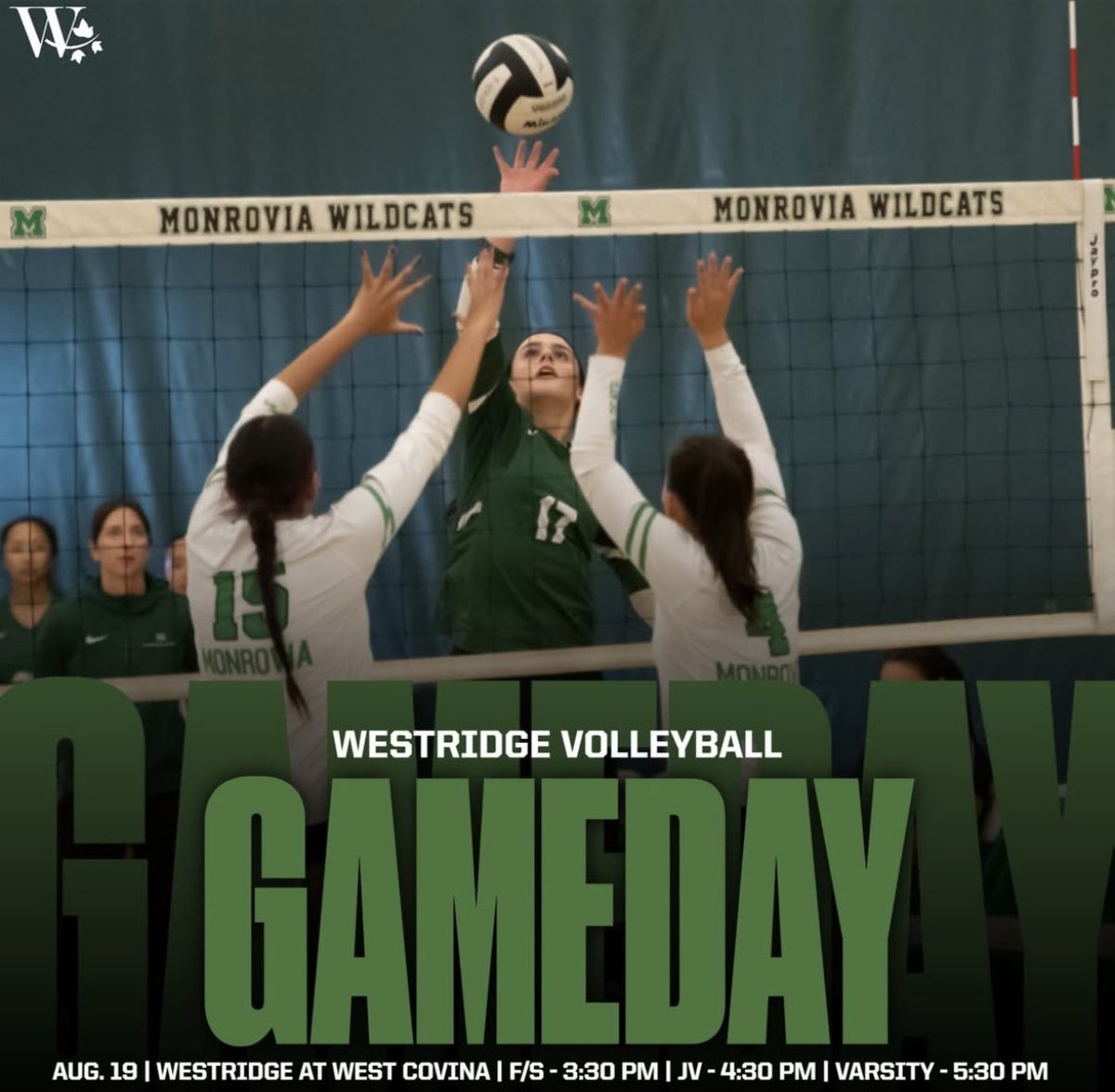 GAMEDAY 🏐

Westridge Volleyball travels to West Covina High School today for a non-league match. Go Tigers!

🆚 West Covina HS
⏰ F/S - 3:30 PM
⏰ JV - 4:40 PM
⏰ Varsity - 5:30 PM

#WeAreWestridge | #GoTigers