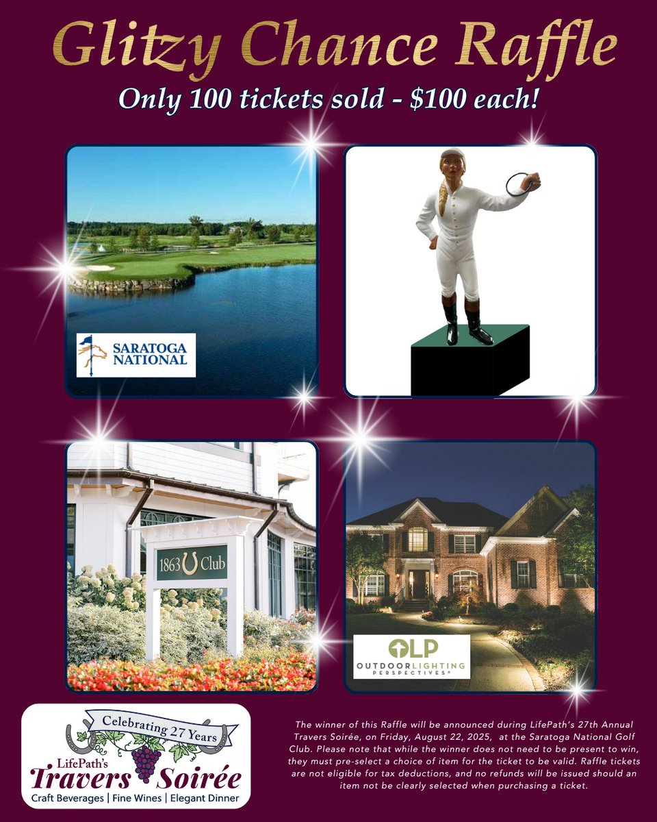 There is still time to purchase a raffle ticket for LifePath's Glitzy Chance Raffle! Only 100 tickets will be sold and only ONE will be drawn. Call 518-362-5481 to find out ways to purchase your raffle ticket today! Visit lifepathny.org/travers_27/ for more information!