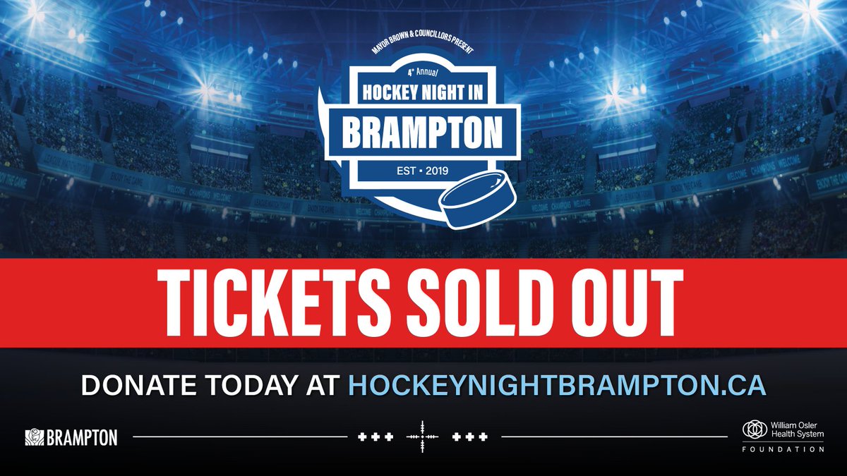 Great news, #Brampton! Tickets to Mayor @PatrickBrownOnt's #HockeyNightBrampton 2025 are officially SOLD OUT!
 
But there's still plenty of time to donate to the Osler Foundation in support of building #Brampton's second hospital at 🔗: ow.ly/GjGJ50WIrH7
 
Thank you,