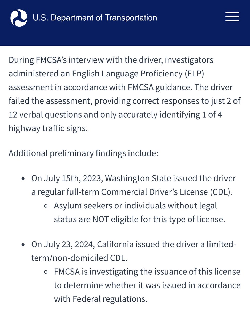 greg_price11's tweet photo. Holy crap.

Federal investigators administered an English Language Proficiency assessment to the driver of the semi who killed 3 people in Florida .

He “provided correct responses to just 2 of 12 verbal questions and only accurately identified 1-4 highway traffic signs.” https://t.co/WDmlg7BHVL