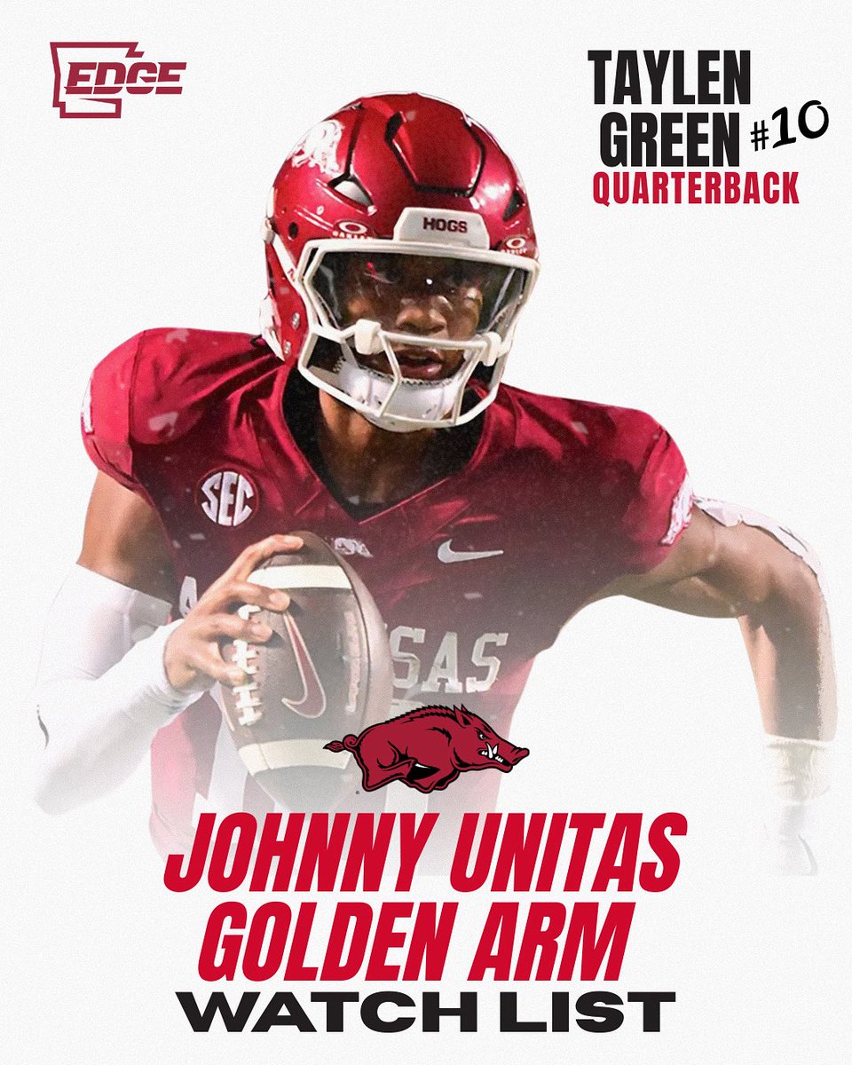 Arkansas Edge (@arkansasedgenil) on Twitter photo Congratulations <a href="/taylengreen17/">Taylen Green</a> on yet another preseason watch list recognition 🔥
This award has been honoring quarterbacks for 39 years with the mission of advancing football while promoting character, leadership, and academic achievement.
Let’s hear it for Taylen Green! 👏 Congratulations <a href="/taylengreen17/">Taylen Green</a> on yet another preseason watch list recognition 🔥
This award has been honoring quarterbacks for 39 years with the mission of advancing football while promoting character, leadership, and academic achievement.
Let’s hear it for Taylen Green! 👏