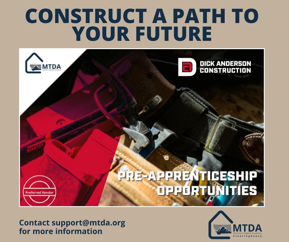 MontDigAcad's tweet image. Build opportunities with MTDA's Montana partner, Dick Anderson Construction’s Pre-Apprentice High School course available in the MTDA Clearinghouse. Pair with the Active Learning Labs' digital learning resource, Construction & Industrial Simulation Bundle, available at no cost!