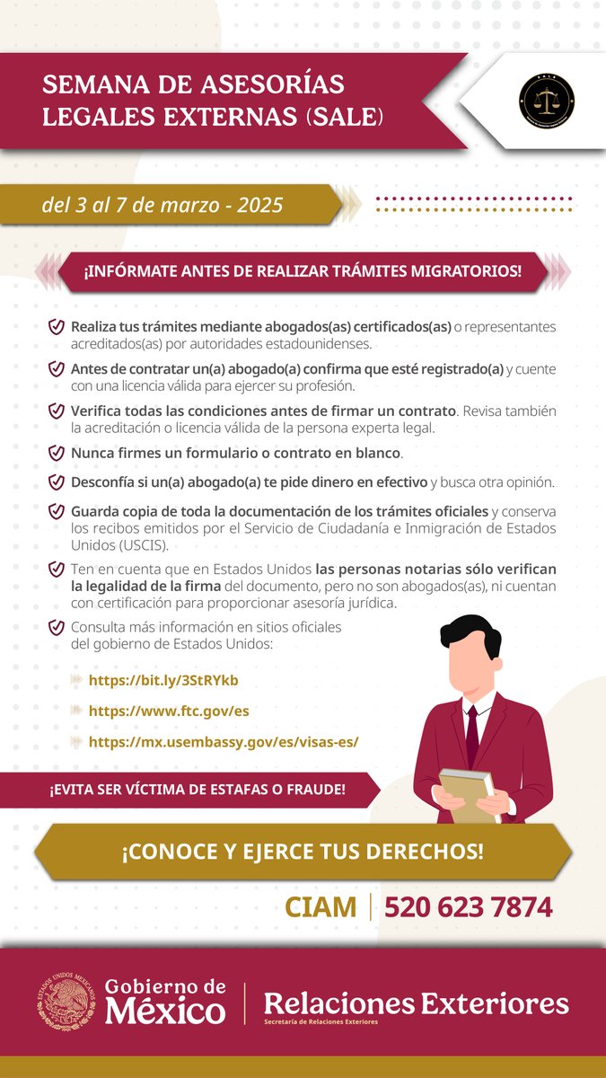 Obtén asesoría legal gratuita por parte de abogados y firmas aliadas a la Representación ⚖️

Para mayor información llama al (919) 615 3672☎️

#EvitaFraudesMigratorios; #NoTeDejesEngañar; #CIAM;  #ProtecciónConsular; #TuConsulado; #AlertaFraude; #ConoceTusDerechos; #SALE; #PALE.