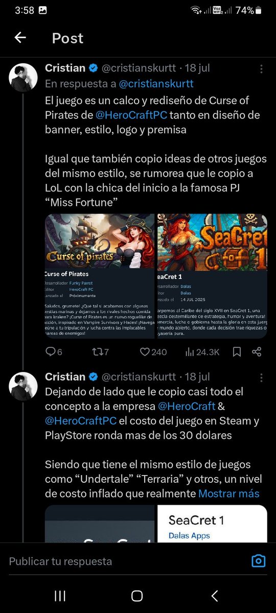 PaperFcjsn's tweet photo. @Level16_Yuki Resulta importante cuando te copias de otros. Cosa graciosa porque Dalas acusa directamente al Farlands de Eric de ser plagio de Stardew Valley.
Es un chiste de pavo. 
También se queja de los diseños pixel art suyos (los de Eric)
Es simplemente patético xDD https://t.co/naxTFvn6s4