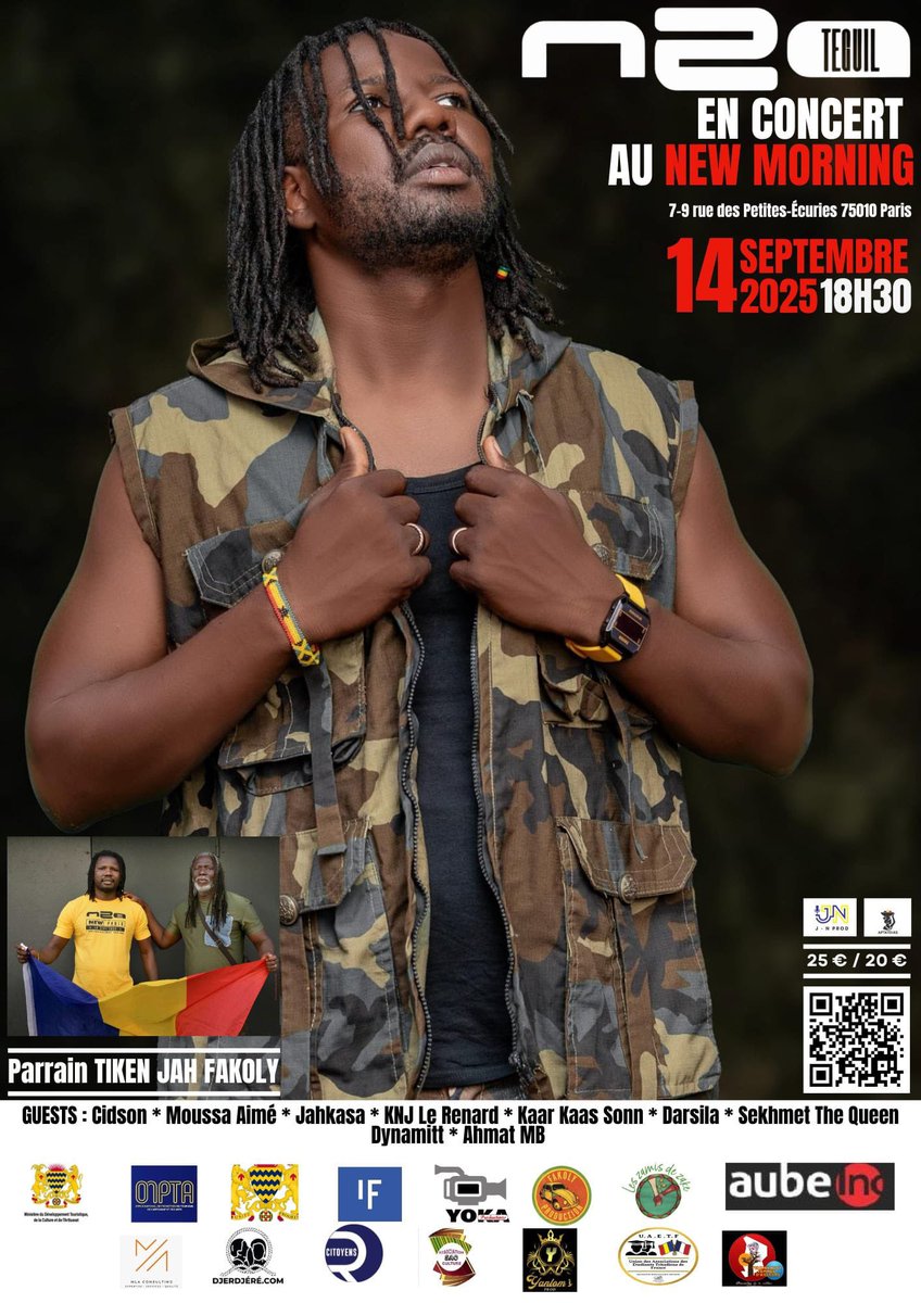 union_uaetf's tweet photo. 🔥🇹🇩 Le 14 sept. à 18h30, notre frère N2A Tequill enflamme la scène du New Morning (Paris), avec le parrainage de Tiken Jah Fakoly ! 🎶
Soutenons notre artiste et faisons briller la culture tchadienne ✊✨
#N2ATequill #Tchad #NewMorning https://t.co/OcA58rpUEa
