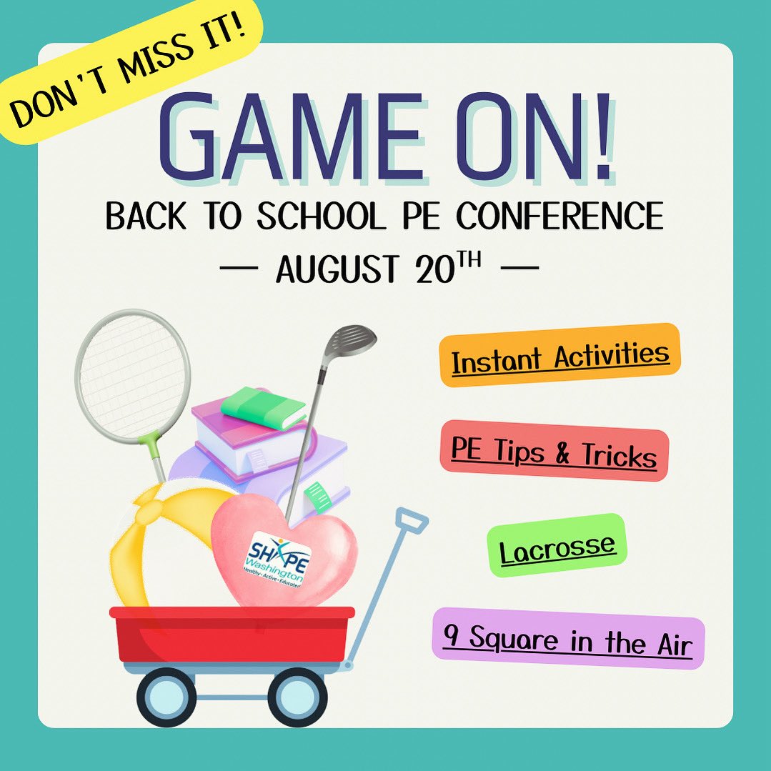 TOMORROW IS THE DAY! DON’T MISS IT!🎯 “Game On! Back to School PE Conference! 🎯

🗓️ Wednesday, August 20th

⏰ 9:00am - 12:00 Noon

📍Alderwood Middle School 

*Register online at shapewa.org OR register tomorrow morning! Registration table is open from 8:30-9:00am!