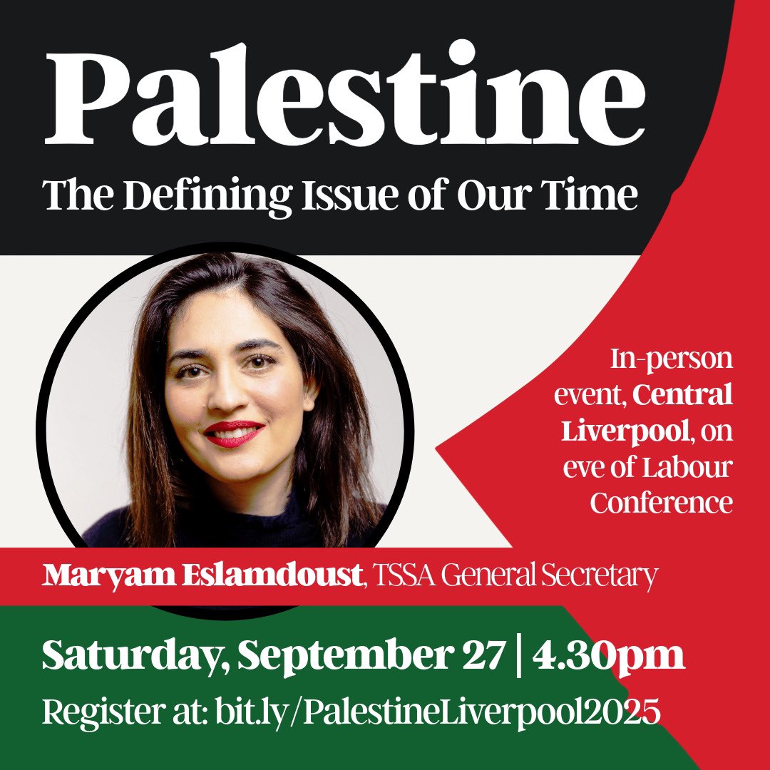 The General Secretary of the <a href="/TSSAunion/">TSSA</a>, <a href="/MEslamdoust/">Maryam Eslamdoust</a> , joins us &amp; speakers from across the labour movement at our in-person eve of Lab Conference event. Come discuss how we build the Palestine solidarity movement 🇵🇸✊.

Register here 👉 eventbrite.co.uk/e/palestine-th…