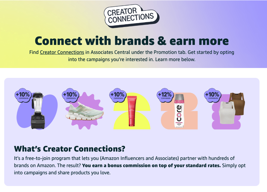 Amazon Creator Connections is a no-brainer program to implement for all brands

It’s Amazon’s marketplace where brands partner with vetted influencers on a pay-per-sale/affiliate model.

We back into commission rates using CPA benchmarks from Sponsored Products (SP)
• If your