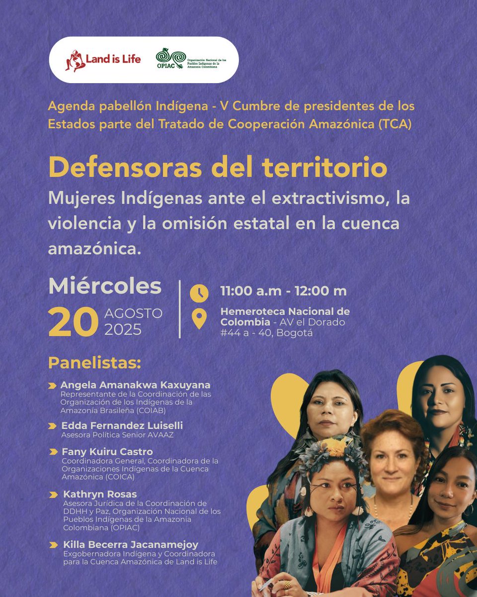 Te invitamos a ser parte de este espacio de diálogo  🌿
Defensoras del territorio: Mujeres Indígenas ante el extractivismo, la violencia y la omisión estatal en la cuenca amazónica.
📆Miércoles, 20 de agosto 
🕚11:00 a.m  
📍Hemeroteca Nal de Colombia - Bogotá.