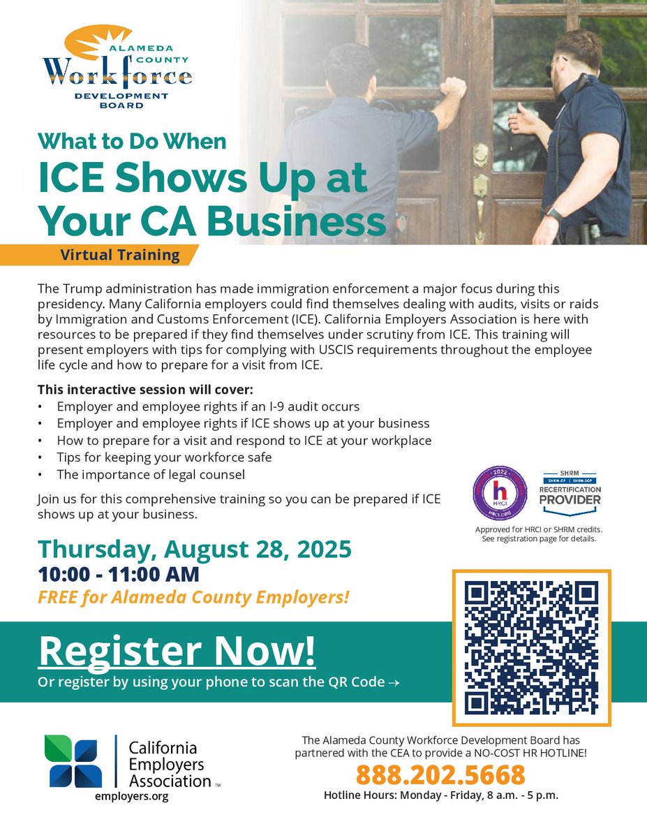 ACWDB's tweet image. 🚨 Alameda Co. Employers: Be prepared if ICE shows up at your business. Join our FREE virtual training on Aug 28, 10–11AM. Learn rights, compliance tips &amp;amp; safety steps. #workforce
Register here 👉 cea.users.membersuite.com/events/d9a3840…