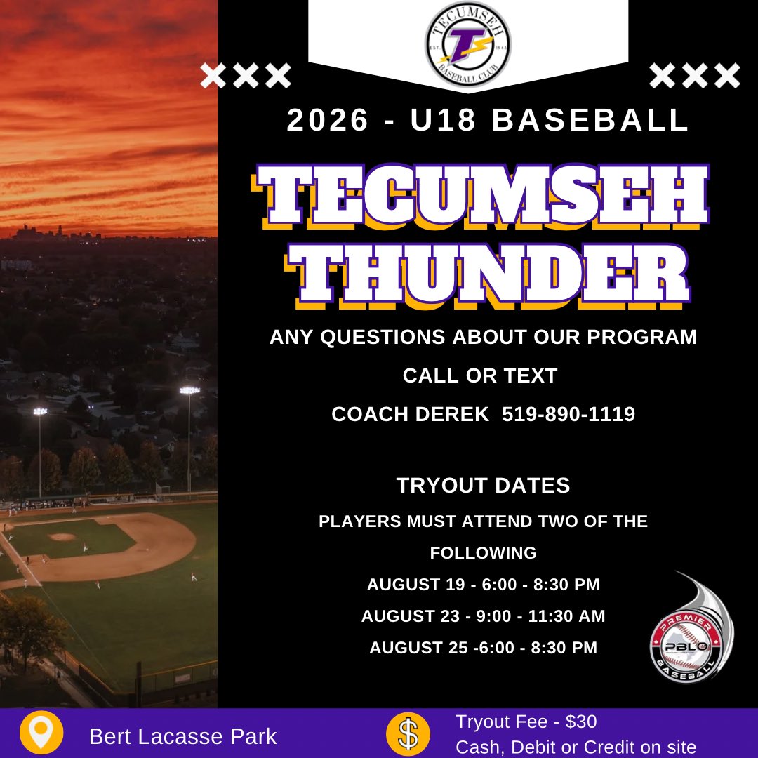 Tryout #1 rained out 
Rescheduled for 08/20 6pm @ Lacasse <a href="/TecumsehThunder/">Tecumseh Thunder</a>