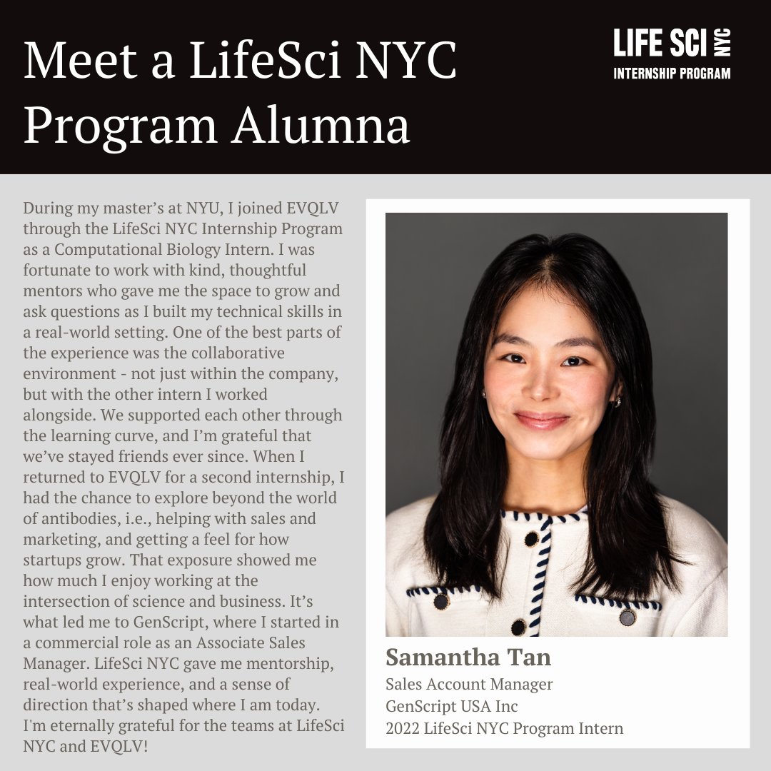 Meet Samantha Tan! She interned as a Computational Biology Intern at EVQLV in 2022 and is now a Sales Account Manager at GenScript USA Inc.