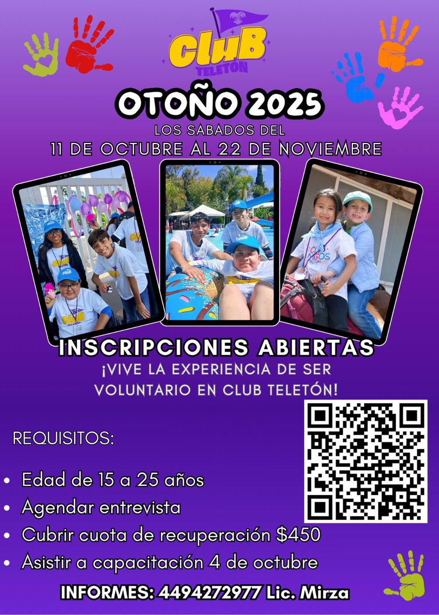 ✨¡Ya estamos en inscripciones para club Teletón Otoño!✨

Si tienes de 15 a 25 años y quieres vivir una experiencia inolvidable este Otoño en club Teletón. 

¡Aparta tu lugar!
Escanea el QR o entra al link y regístrate: 

💜Amigos (15 a 25 años)
forms.office.com/Pages/Response…