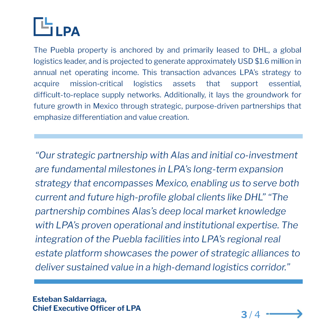 lpamericas's tweet photo. LPA and Strategic Partner Alas successfully complete the acquisition of logistics properties in Puebla. https://t.co/ASag6yxrMk