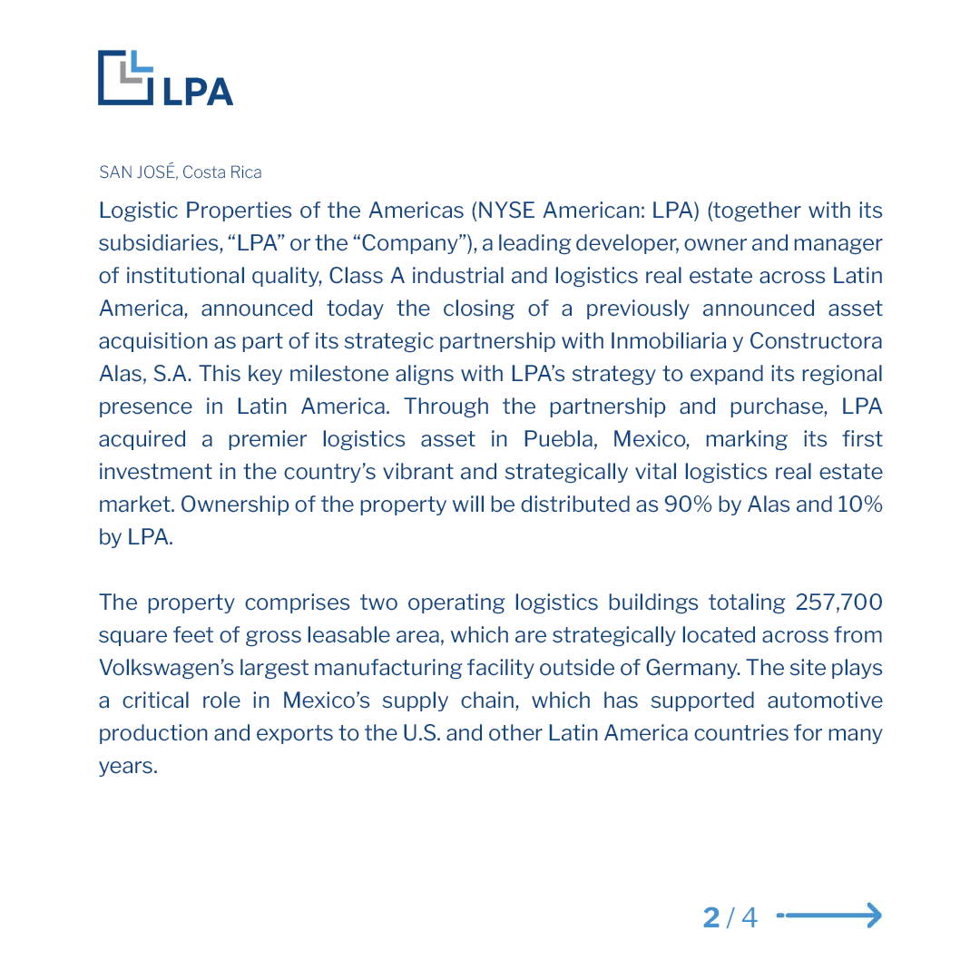 lpamericas's tweet photo. LPA and Strategic Partner Alas successfully complete the acquisition of logistics properties in Puebla. https://t.co/ASag6yxrMk