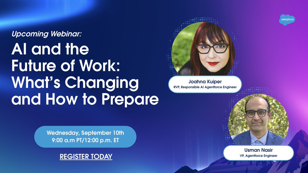 asksalesforce's tweet photo. AI is changing the future of work 🤖

On September 10, discover how to strike the perfect balance between AI and human expertise. And take away practical steps to help your teams adapt, upskill, and stay ahead. 

Register now: https://t.co/D8CYQeAaNk https://t.co/yZfMGUeH67
