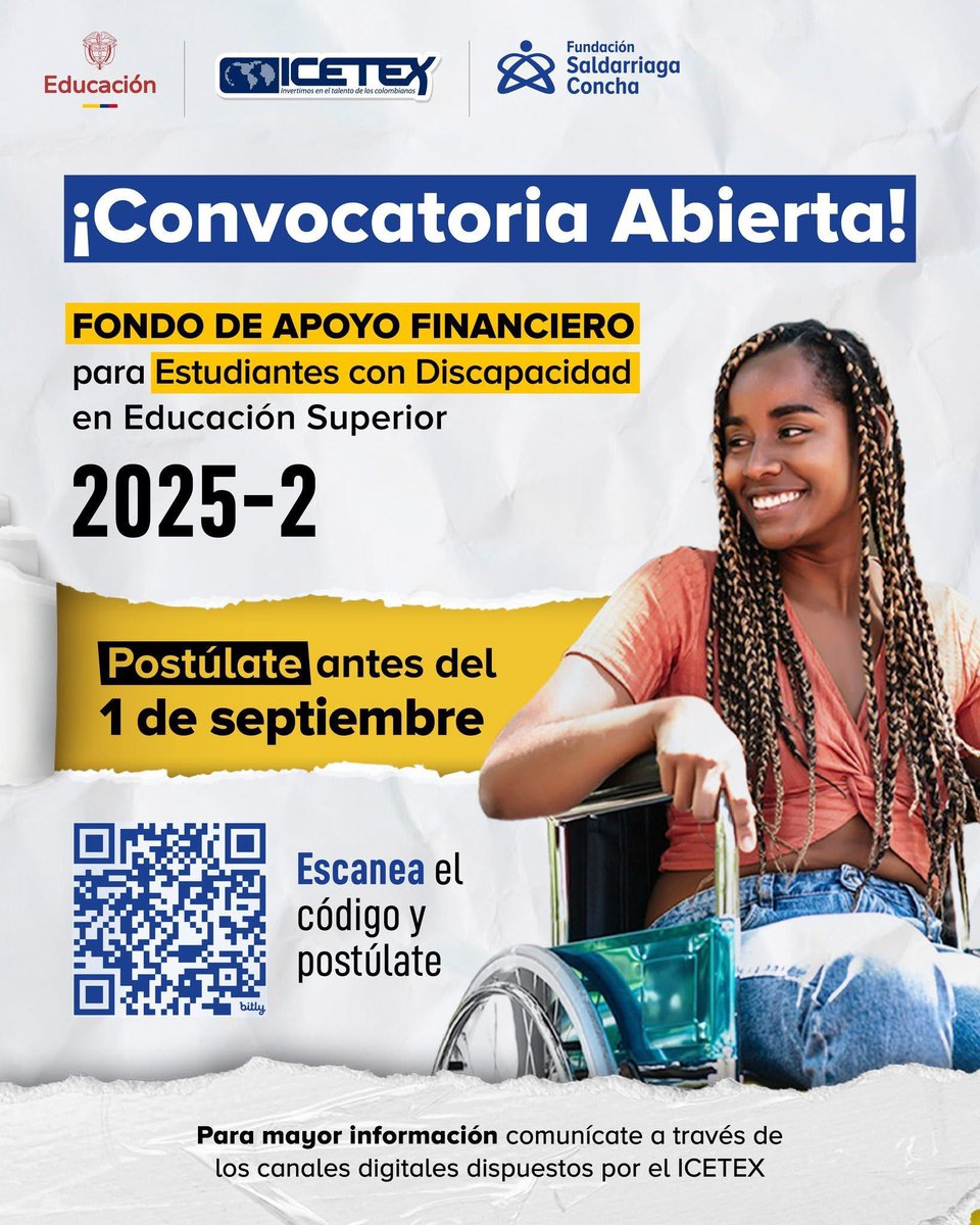 📢 ¡Convocatoria abierta del Fondo de apoyo financiero para estudiantes con discapacidad!

💡 Consulta requisitos y postúlate ▶️ web.icetex.gov.co/es/-/fondo-est… 

#EducaciónInclusiva